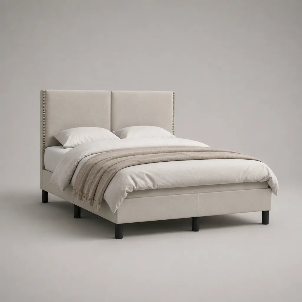 Lit double rembourré beige en bois et métal avec tête de lit et sommier à lattes, couchage 160 × 200 cm