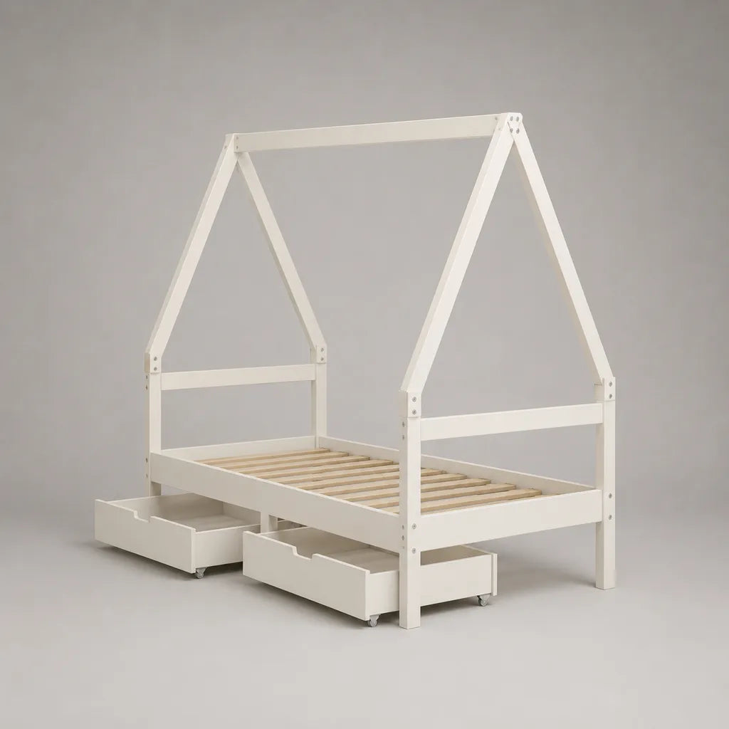 Lit cabane enfant 90 x 200 cm en pin massif blanc avec sommier à lattes et 2 tiroirs