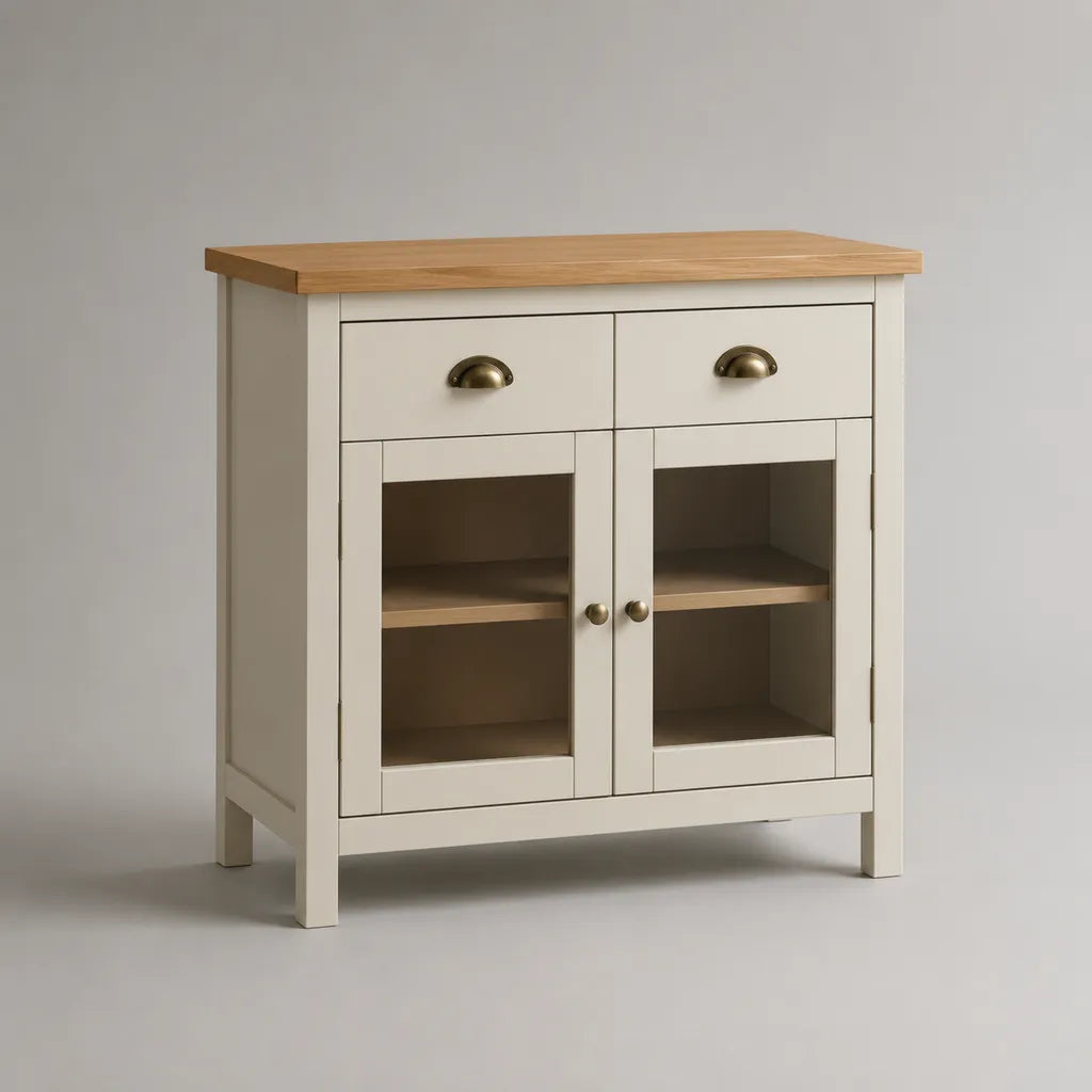 Buffet bas rectangulaire en bois et verre, 2 tiroirs et 2 portes vitrées, ivoire et chêne naturel, 90 × 40 × 90 cm