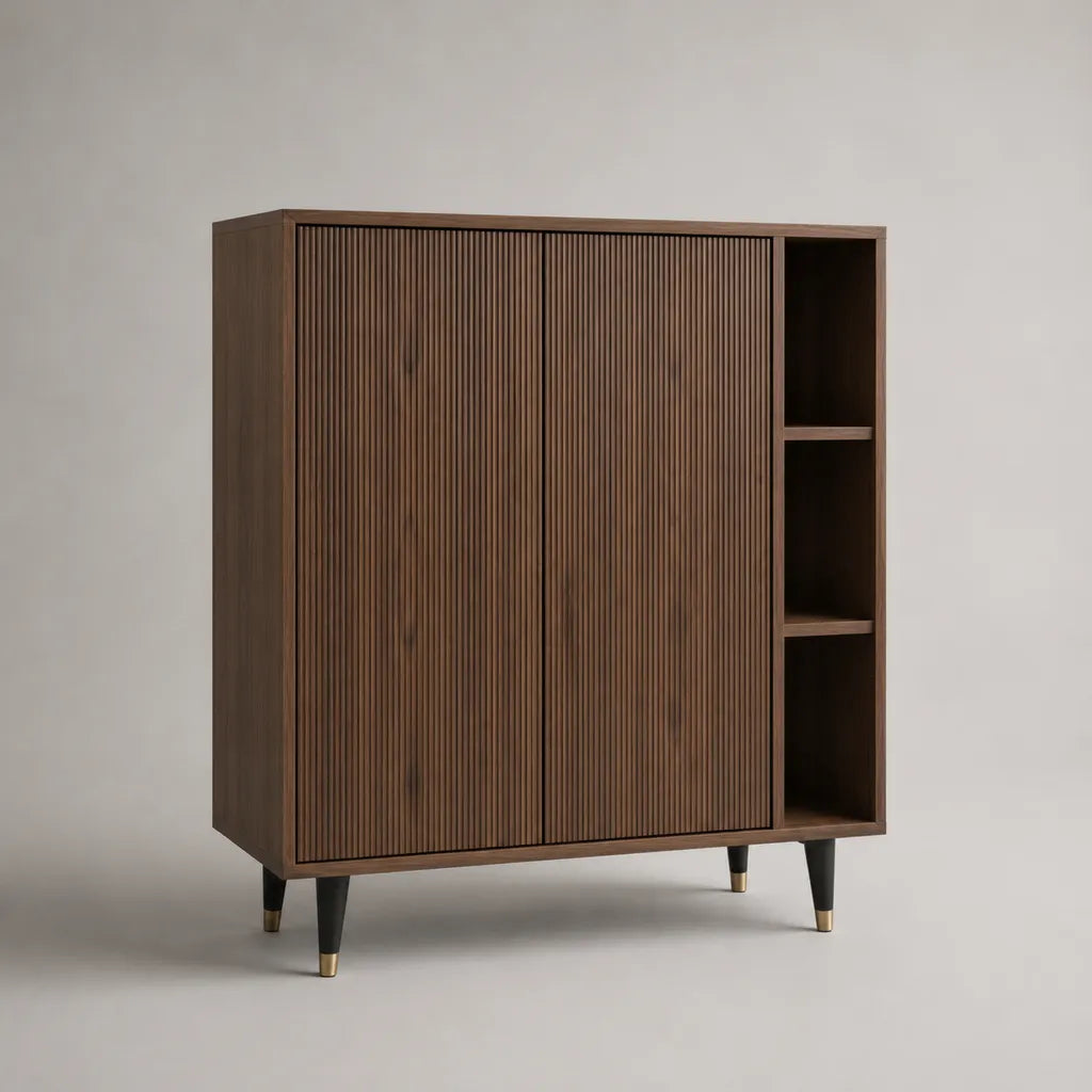 Buffet haut rectangulaire à 2 portes rainurées et 3 niches en MDF plaqué noyer brun, 120 × 40 × 140 cm