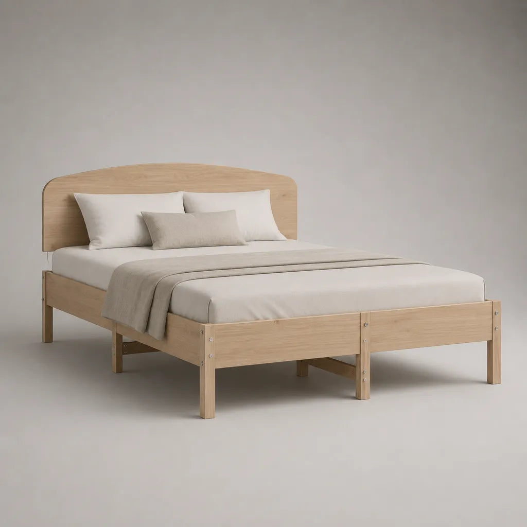Lit double en bois naturel 180 × 200 cm avec tête de lit, dimensions 208 × 188 × 105 cm