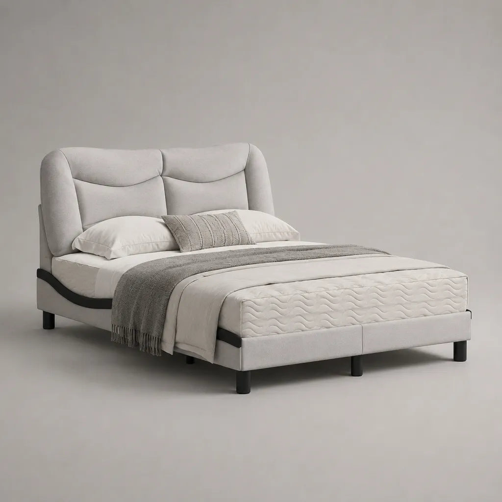 Lit double rembourré en polyester gris clair avec tête de lit, couchage 160 × 200 cm, dimensions 215 × 170 × 110 cm