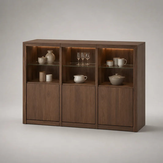 Buffet haut 3 portes en bois et verre avec niches éclairées, brun noyer, 180 × 40 × 125 cm