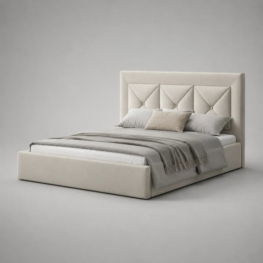 Lit coffre 160 x 200 cm en velours polyester beige avec sommier relevable et tête de lit capitonnée