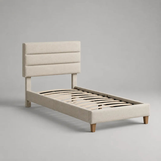 Lit simple rembourré en polyester beige 90 × 190 cm avec sommier à lattes