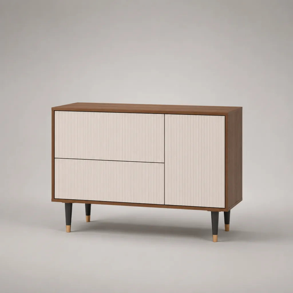 Buffet bas rectangulaire en panneaux de particules et MDF rainuré, noyer et blanc cassé, 120 × 40 × 80 cm