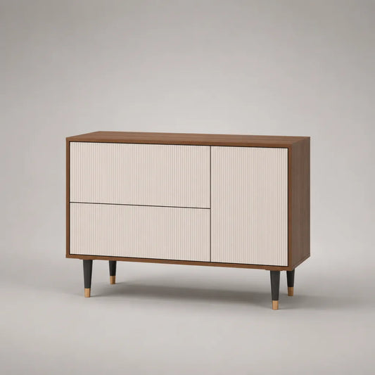 Buffet bas rectangulaire en panneaux de particules et MDF rainuré, noyer et blanc cassé, 120 × 40 × 80 cm