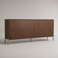 Buffet rectangulaire 4 portes en MDF plaqué noyer avec pieds en acier doré, marron, 180 × 40 × 80 cm