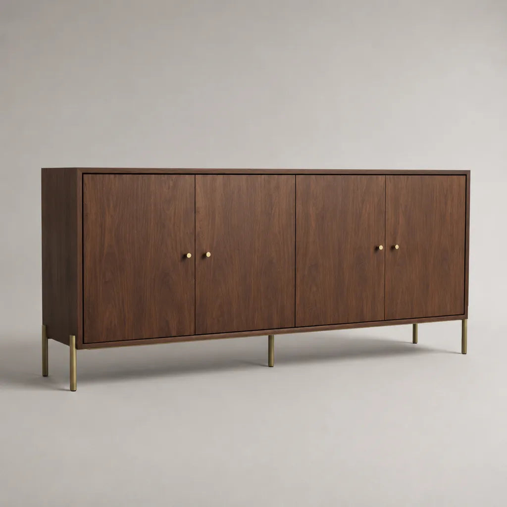 Buffet rectangulaire 4 portes en MDF plaqué noyer avec pieds en acier doré, marron, 180 × 40 × 80 cm