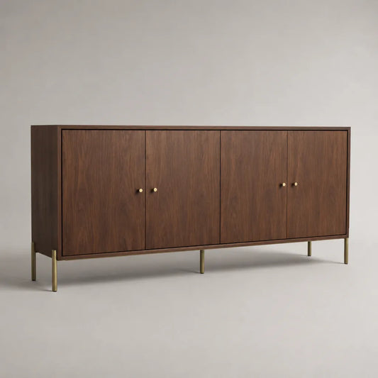 Buffet rectangulaire 4 portes en MDF plaqué noyer avec pieds en acier doré, marron, 180 × 40 × 80 cm