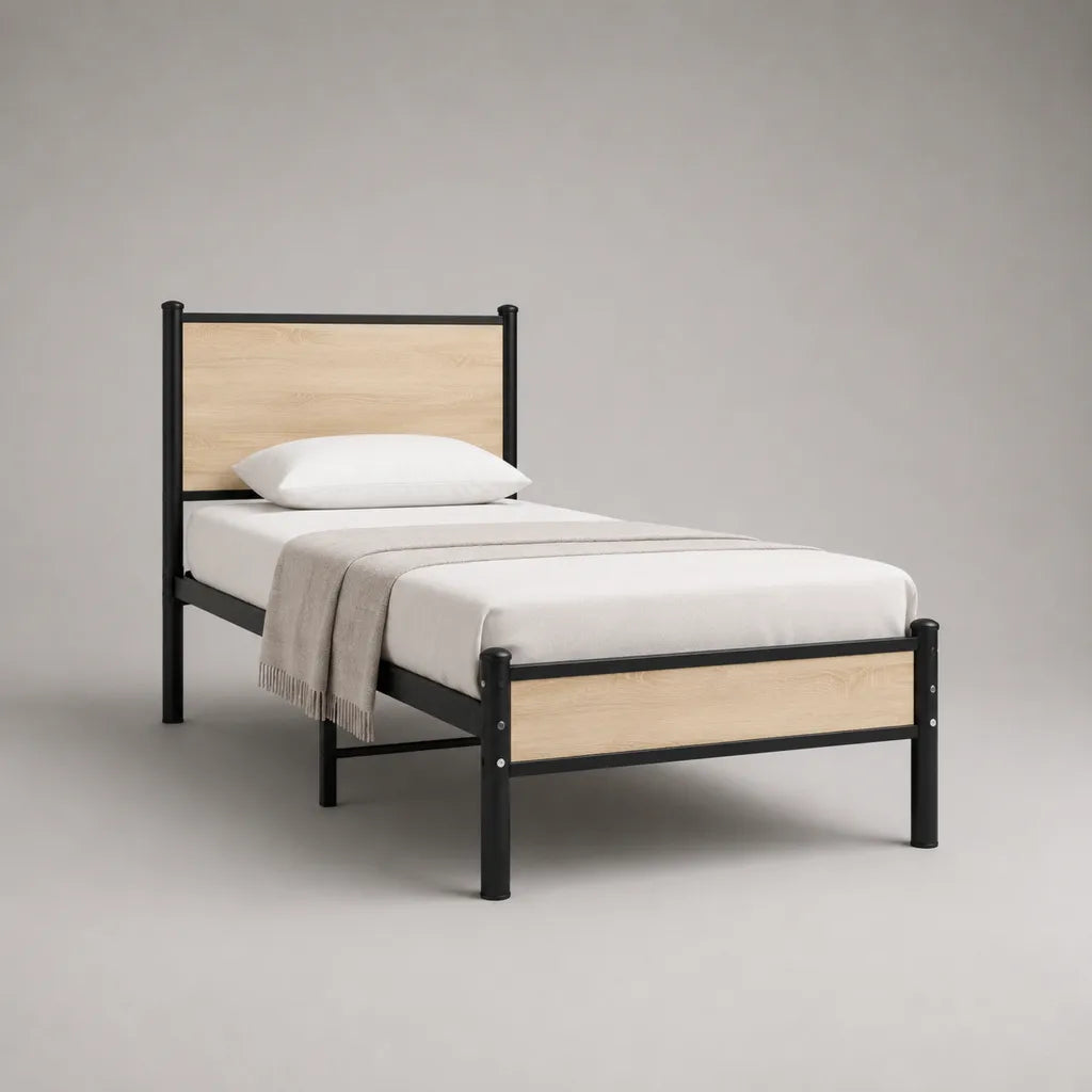 Lit simple 90 x 190 cm en métal et bois, noir et chêne clair, 198 x 96 x 105 cm