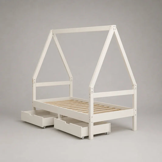 Lit cabane enfant 90 x 200 cm en pin massif blanc avec sommier à lattes et 2 tiroirs