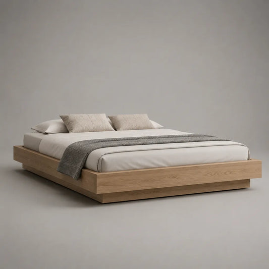 Lit plateforme 2 places sans tête de lit en bois, chêne naturel, couchage 160 × 200 cm, dimensions 220 × 180 × 35 cm