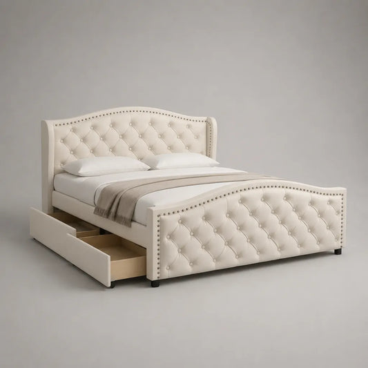 Lit double capitonné avec 2 tiroirs, 160 x 200 cm, polyester ivoire, cadre en MDF et contreplaqué