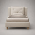Lit simple en tissu beige 90 x 190 cm avec tête de lit capitonnée, 205 x 105 x 112 cm