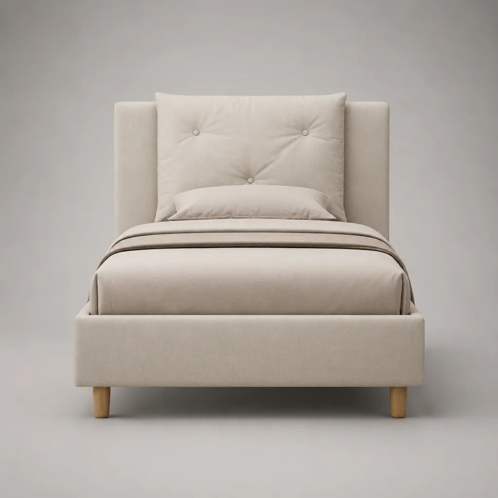 Lit simple en tissu beige 90 x 190 cm avec tête de lit capitonnée, 205 x 105 x 112 cm