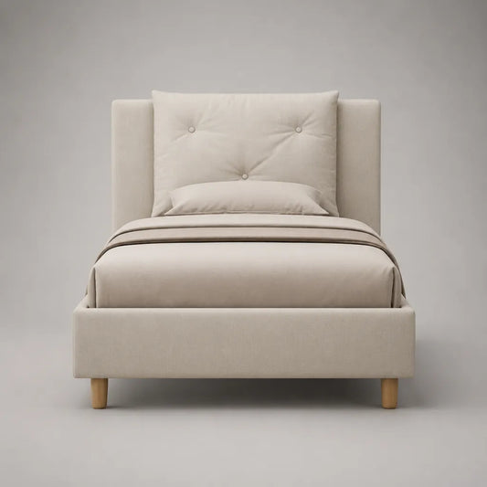 Lit simple en tissu beige 90 x 190 cm avec tête de lit capitonnée, 205 x 105 x 112 cm