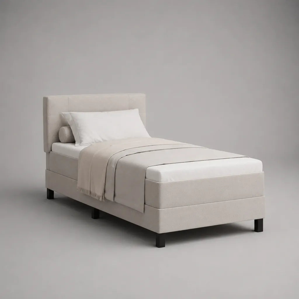 Lit simple rembourré rectangulaire en tissu blanc cassé avec tête de lit et pieds noirs, couchage 90 × 190 cm, dimensions 203 × 99 × 110 cm
