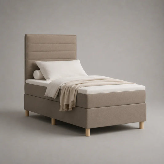 Lit simple 90 × 200 cm beige avec matelas, sommier tapissier en tissu et tête de lit
