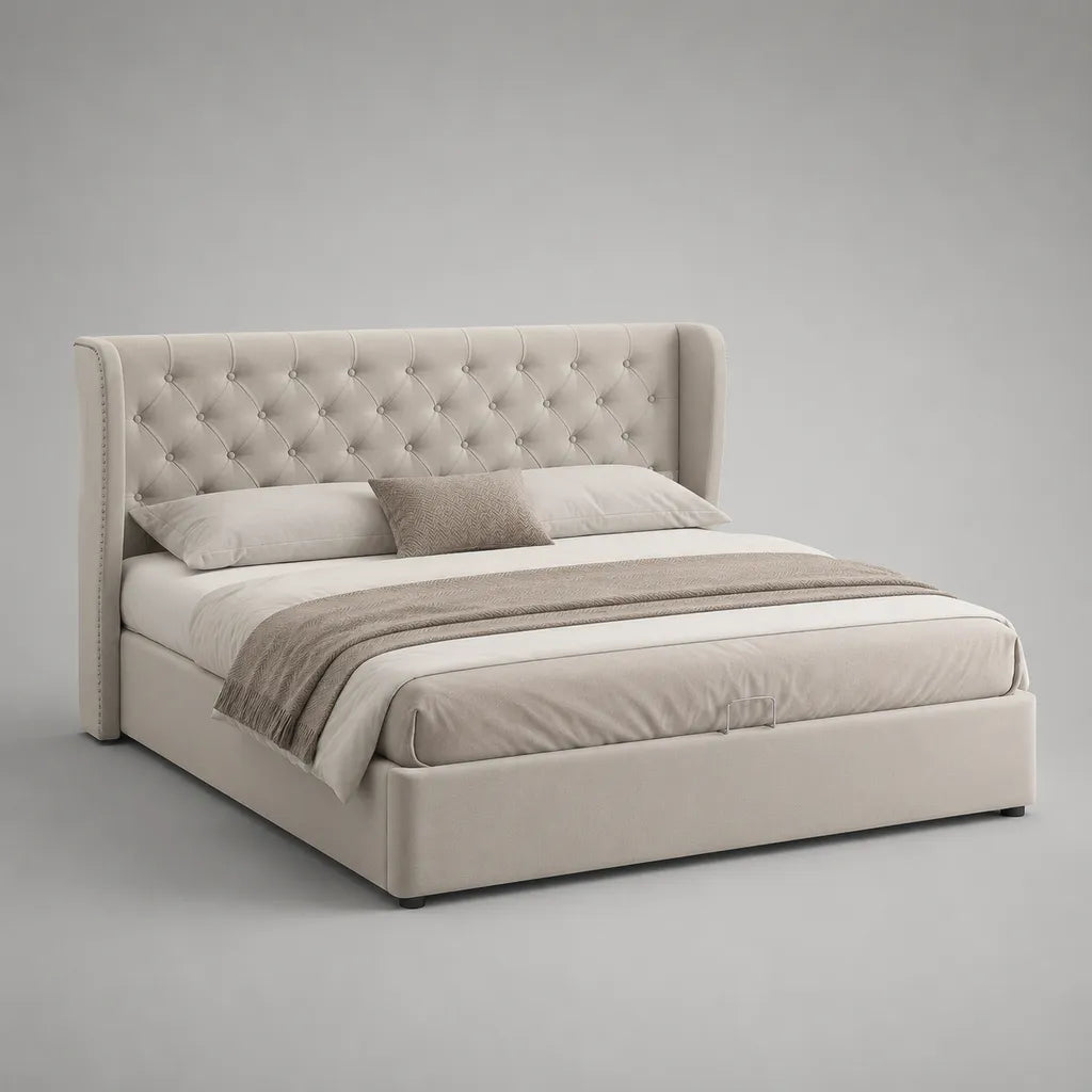 Lit coffre 160 x 200 cm en velours de polyester beige avec sommier relevable et tête de lit capitonnée