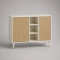 Buffet de rangement rectangulaire en bois, 2 portes et 3 niches, blanc cassé et chêne clair, 120 × 40 × 90 cm