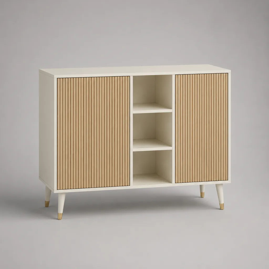 Buffet de rangement rectangulaire en bois, 2 portes et 3 niches, blanc cassé et chêne clair, 120 × 40 × 90 cm