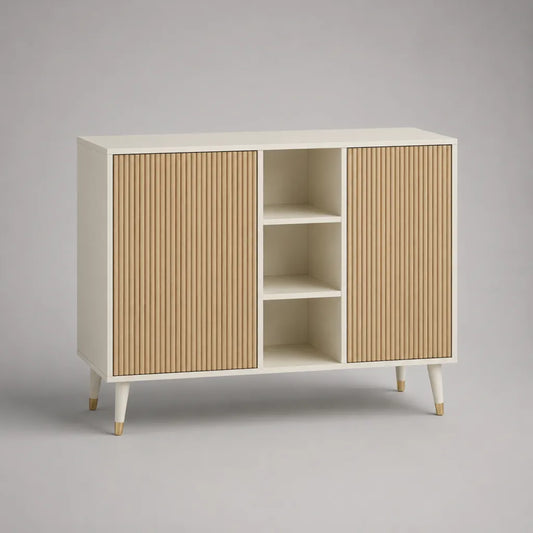 Buffet de rangement rectangulaire en bois, 2 portes et 3 niches, blanc cassé et chêne clair, 120 × 40 × 90 cm