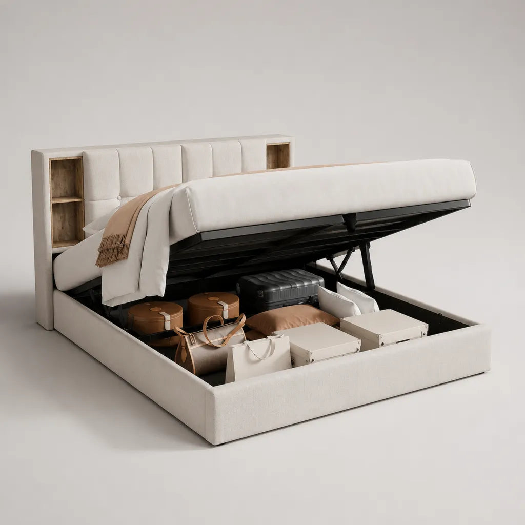 Lit coffre 160 × 200 cm en acier et panneaux MDF revêtus de tissu, beige clair avec noir et effet chêne naturel, 222 × 180 × 110 cm