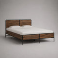 Cadre de lit 2 places 160 × 200 cm en acier noir et bois brun noyer, 212 × 168 × 110 cm
