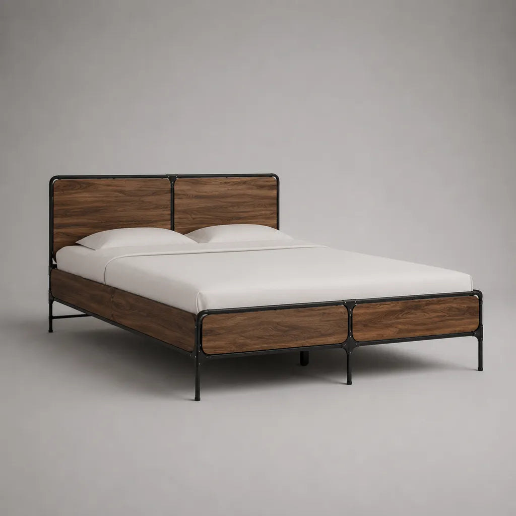 Cadre de lit 2 places 160 × 200 cm en acier noir et bois brun noyer, 212 × 168 × 110 cm