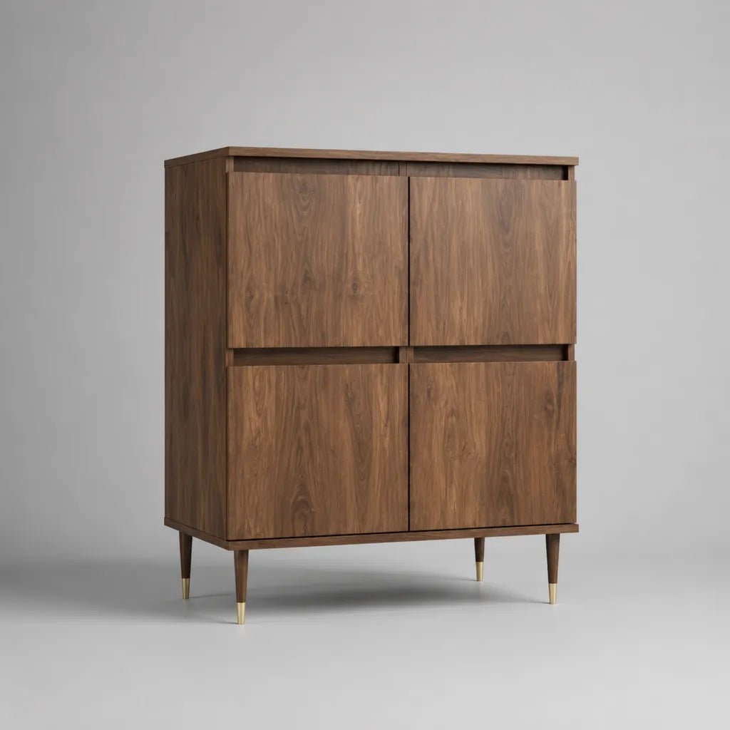Buffet haut rectangulaire en bois à 4 portes, brun noyer et laiton, 110 × 40 × 130 cm