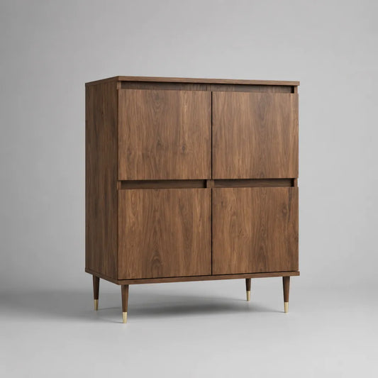 Buffet haut rectangulaire en bois à 4 portes, brun noyer et laiton, 110 × 40 × 130 cm