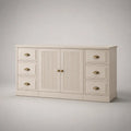 Buffet bas rectangulaire en MDF à 2 portes et 6 tiroirs, beige et couleur laiton, 160 × 40 × 85 cm