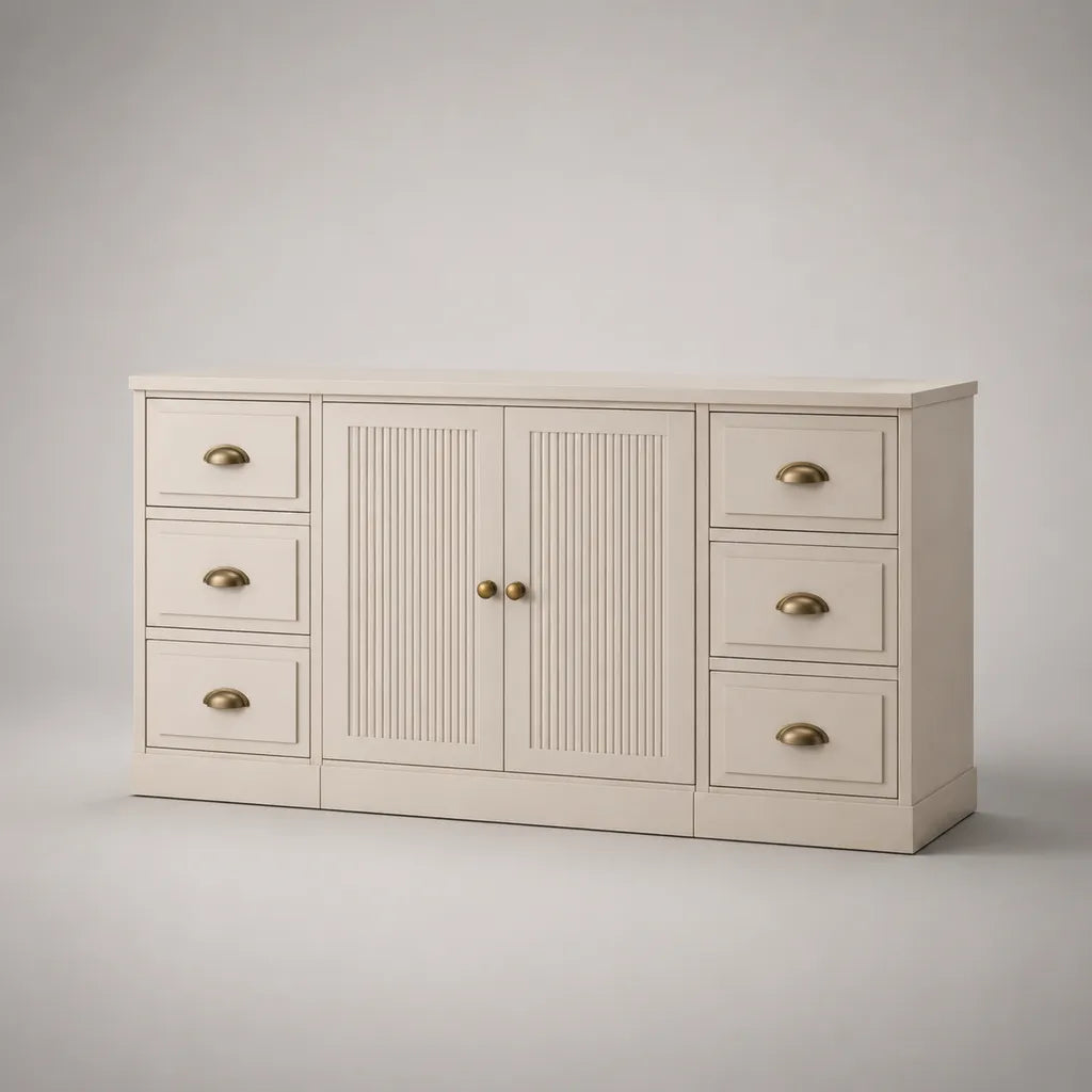 Buffet bas rectangulaire en MDF à 2 portes et 6 tiroirs, beige et couleur laiton, 160 × 40 × 85 cm