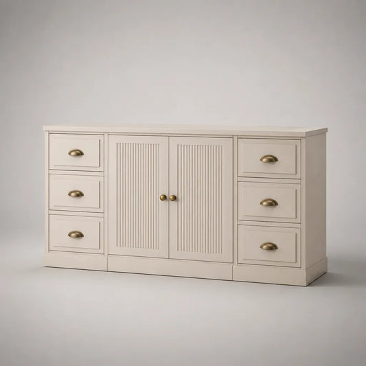 Buffet bas rectangulaire en MDF à 2 portes et 6 tiroirs, beige et couleur laiton, 160 × 40 × 85 cm