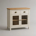 Buffet bas rectangulaire en bois et verre, 2 tiroirs et 2 portes vitrées, ivoire et chêne naturel, 90 × 40 × 90 cm