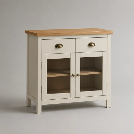 Buffet bas rectangulaire en bois et verre, 2 tiroirs et 2 portes vitrées, ivoire et chêne naturel, 90 × 40 × 90 cm