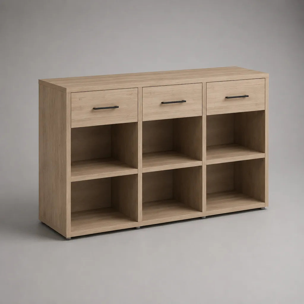 Buffet bas rectangulaire en bois avec 3 tiroirs et 6 niches, chêne clair et noir, 120 × 40 × 80 cm