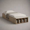 Lit simple rectangulaire 90 x 190 cm en panneaux de particules effet chêne beige avec banc rembourré blanc cassé et 4 niches
