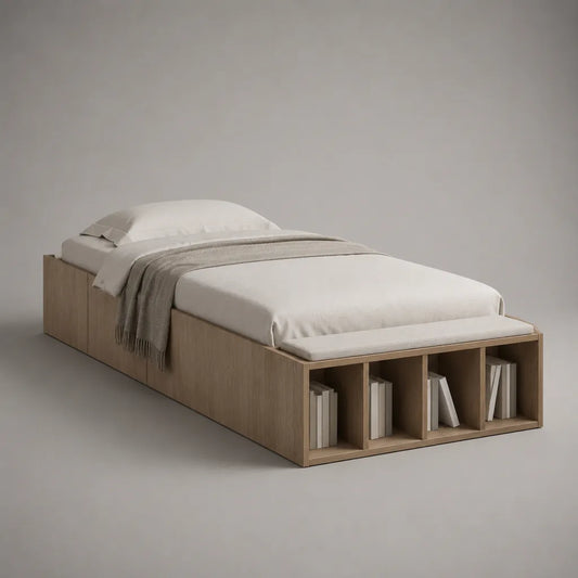 Lit simple rectangulaire 90 x 190 cm en panneaux de particules effet chêne beige avec banc rembourré blanc cassé et 4 niches