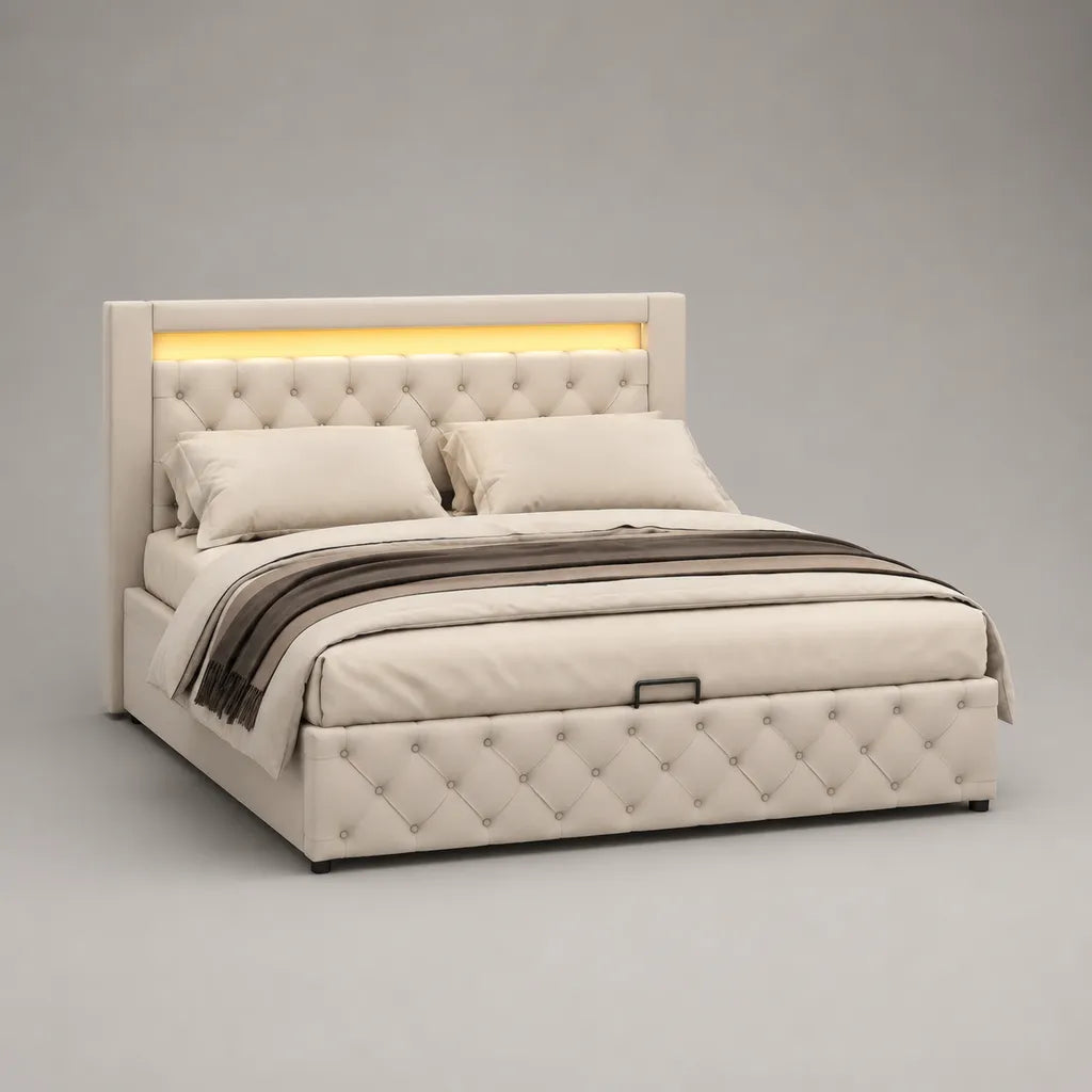 Lit coffre 160 × 200 cm en polyester blanc crème et noir avec tête de lit capitonnée, rangement et éclairage à DEL