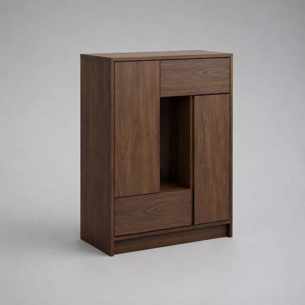 Buffet haut de rangement en panneaux de particules mélaminés, noyer brun, 2 portes, 2 tiroirs et niche, 90 x 40 x 120 cm