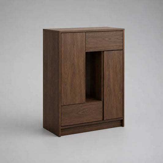 Buffet haut de rangement en panneaux de particules mélaminés, noyer brun, 2 portes, 2 tiroirs et niche, 90 x 40 x 120 cm