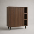 Buffet haut rectangulaire à 2 portes rainurées et 3 niches en MDF plaqué noyer brun, 120 × 40 × 140 cm