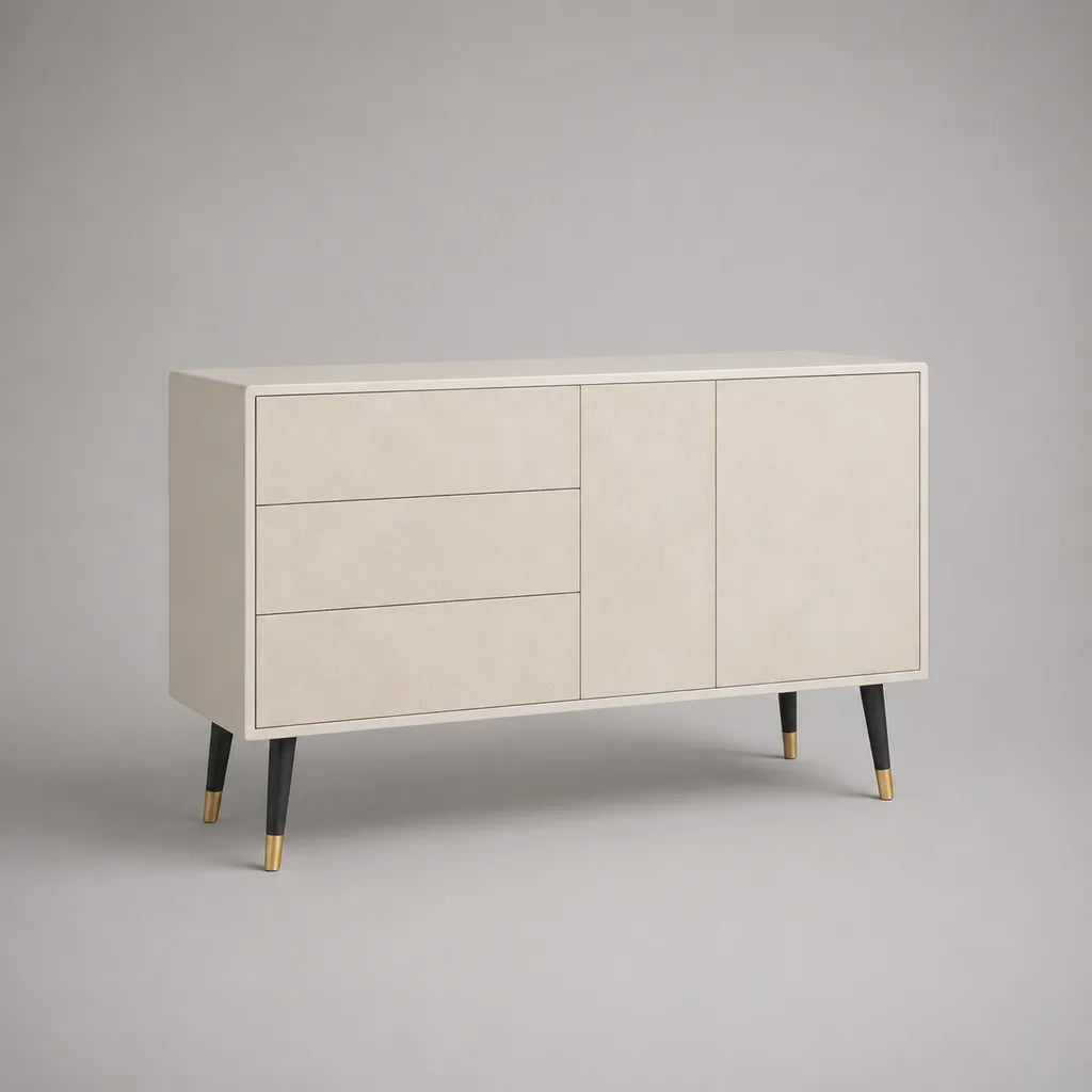 Buffet de rangement rectangulaire en MDF blanc cassé, 3 tiroirs et 2 portes, 120 × 40 × 80 cm