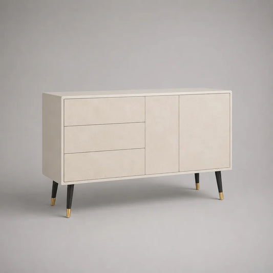 Buffet de rangement rectangulaire en MDF blanc cassé, 3 tiroirs et 2 portes, 120 × 40 × 80 cm