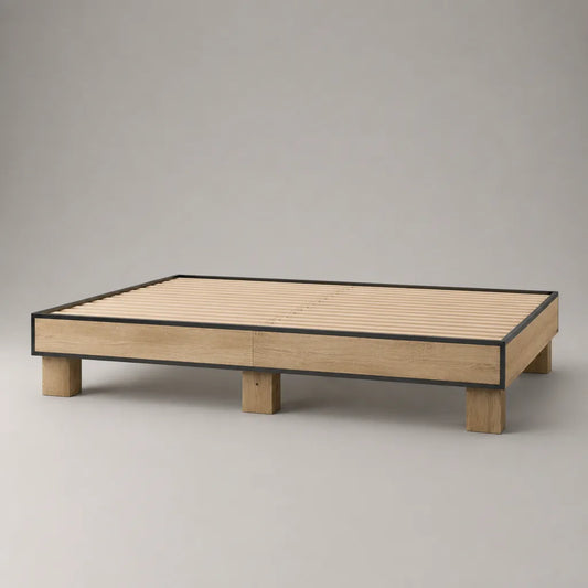 Cadre de lit plateforme 2 places en bois et acier noir avec sommier à lattes, chêne naturel, couchage 140 × 190 cm, dimensions 198 × 148 × 35 cm
