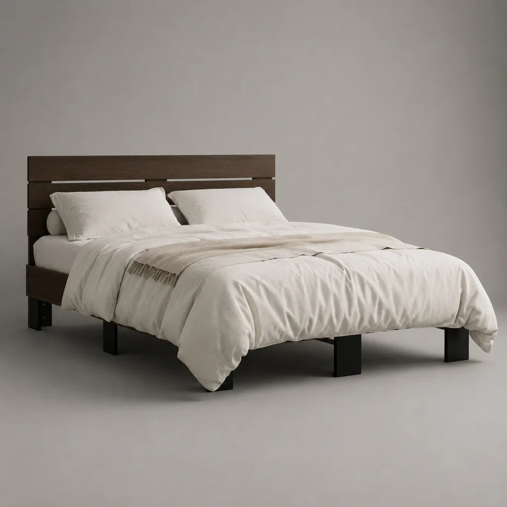 Cadre de lit double en bois brun foncé et noir avec tête de lit, couchage 160 x 200 cm, dimensions 210 x 168 x 105 cm