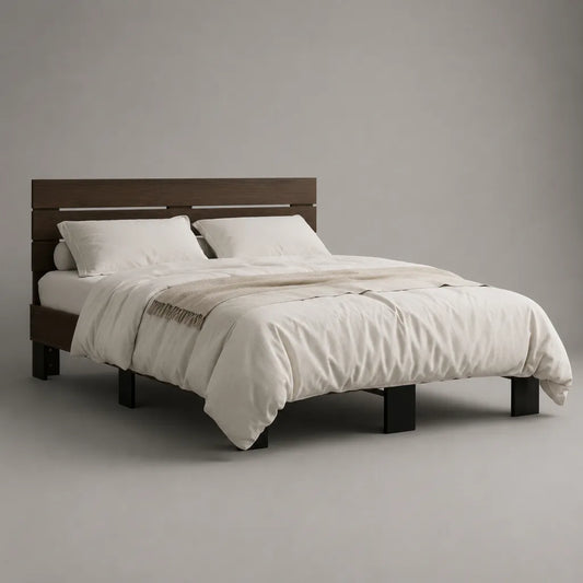 Cadre de lit double en bois brun foncé et noir avec tête de lit, couchage 160 x 200 cm, dimensions 210 x 168 x 105 cm
