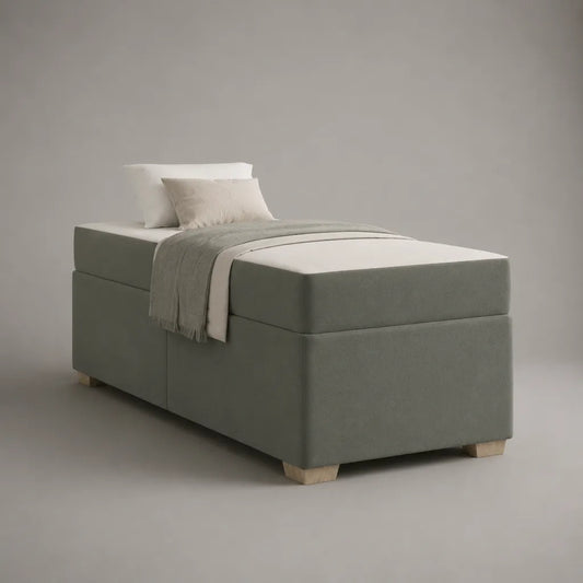 Lit à sommier tapissier 1 place gris avec matelas en mousse de polyuréthane, 90 × 200 cm